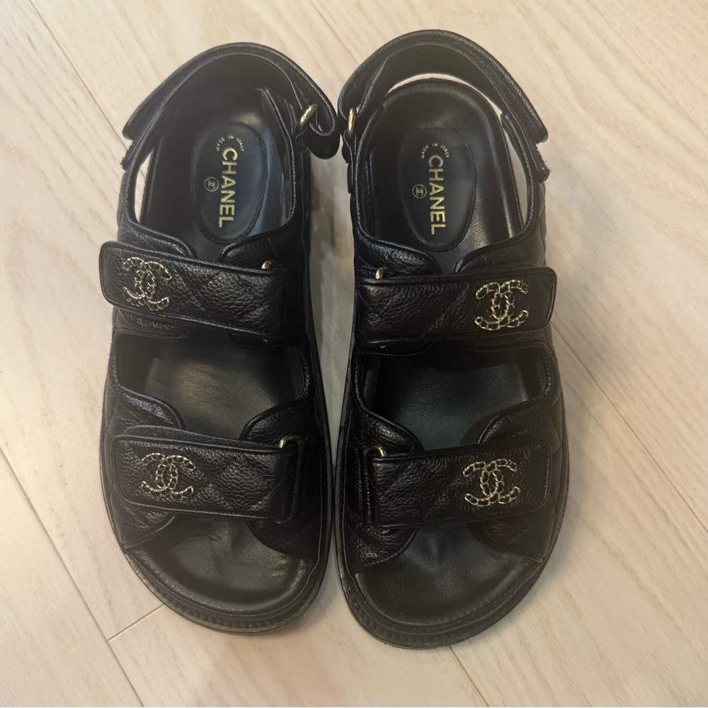 Chanel CC Black Silver Quilted Leather Dad Sandals 36.5